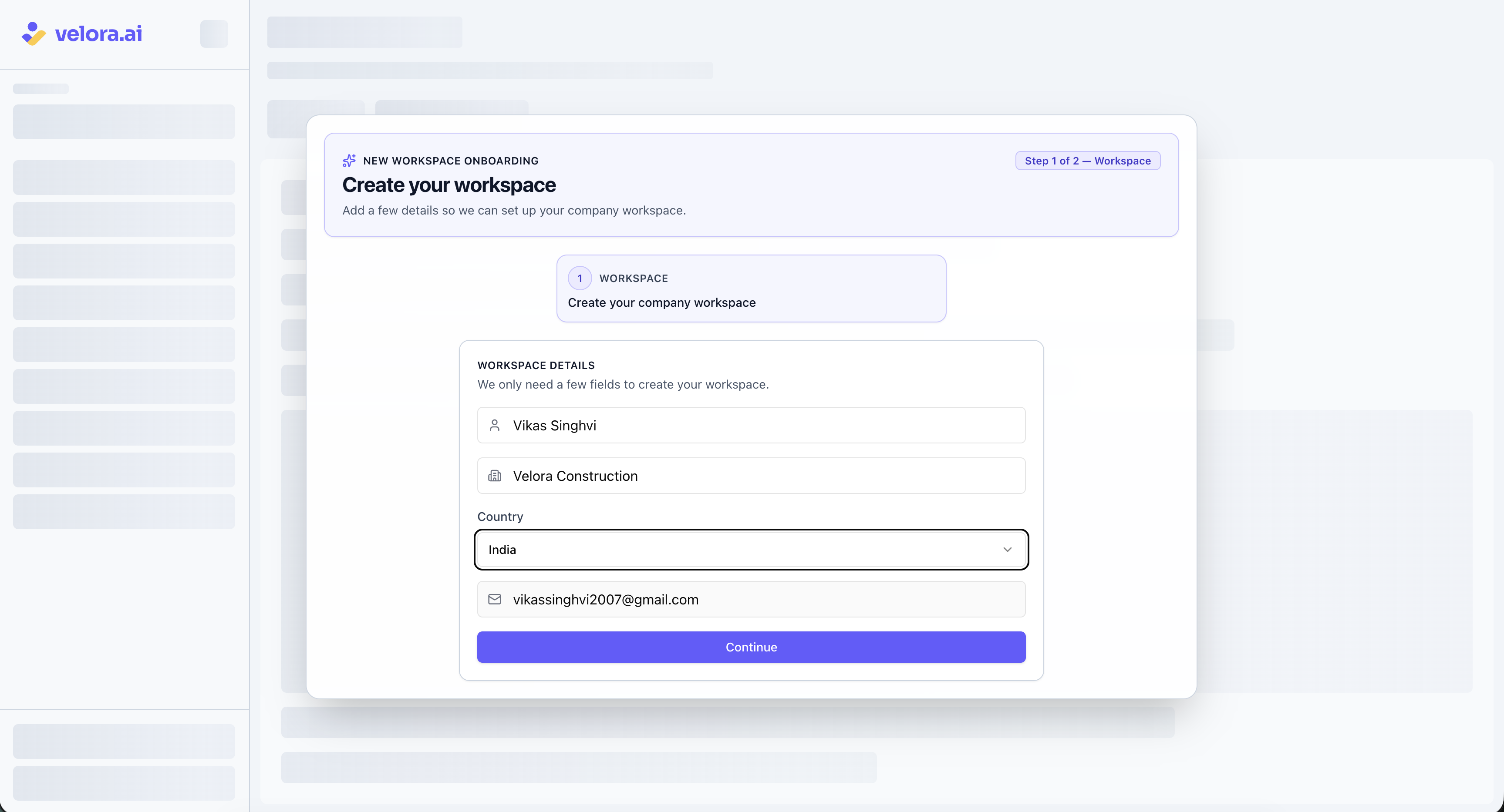 Velora Site Pro workspace creation screen with a company name field and a Create Workspace button